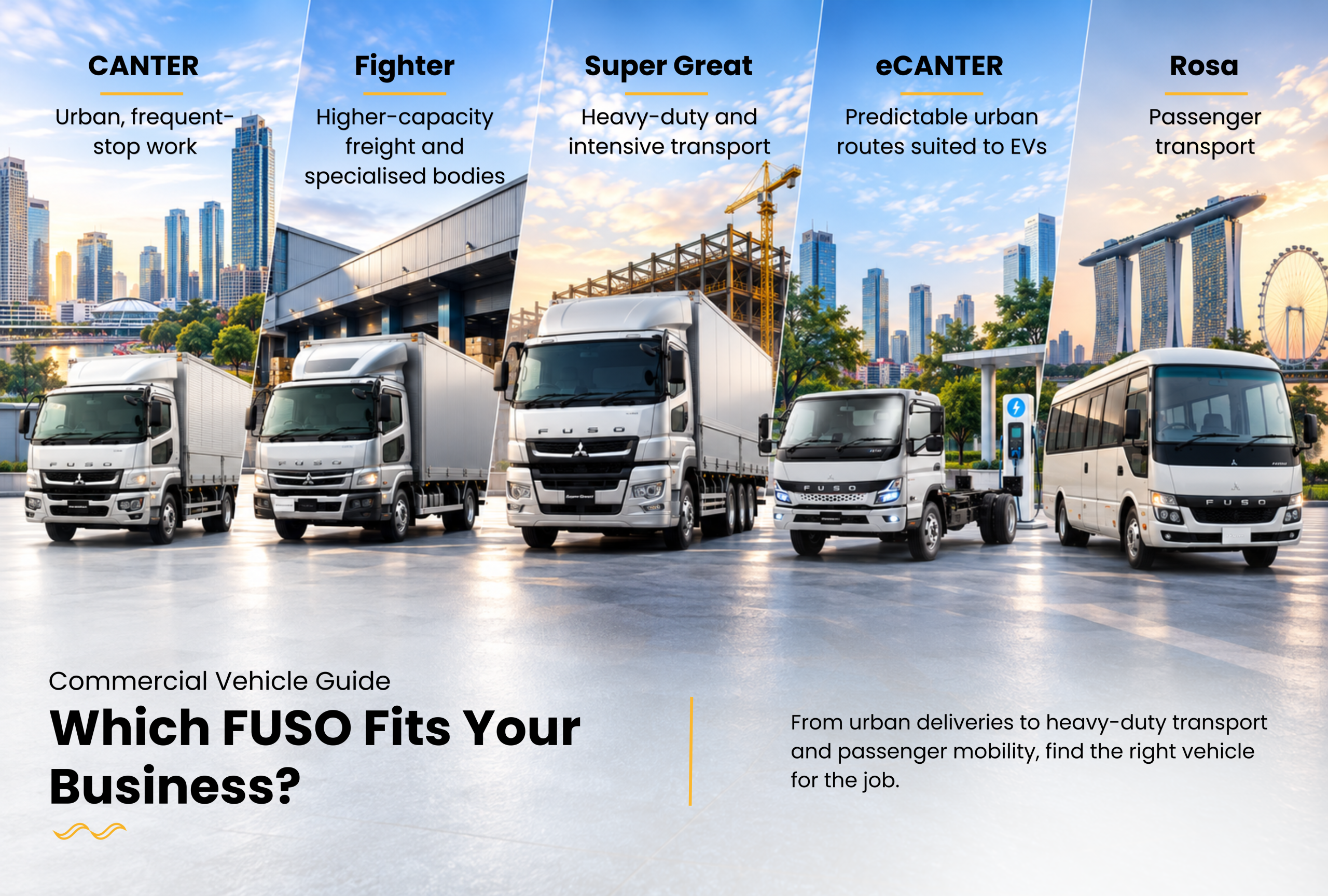 Fuso Canter vs Fighter vs Super Great vs eCanter vs Rosa: Which Fuso Fits Your Business in Singapore